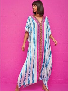 Pitusa White Caftan with Blue and Pink Stripe Trim